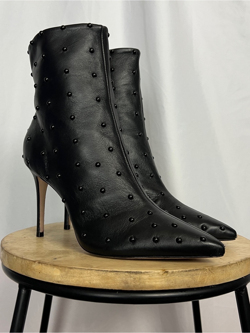 Black Leather Schutz Tonal Stud Ankle Heeled Boots